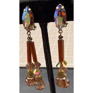 Vintage Lewis Segal Earrings California Aurora Borealis Amber Color Clip-On Earr
